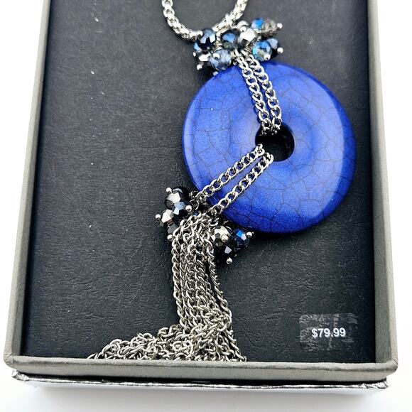 Round Pendant Necklace With Chain Tassel Fringe Blue Dark Fairy Grunge Statement - Picture 3 of 4